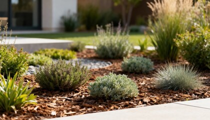 Medium shot of a xeriscaped backyard with native plants and mulch highlighting sustainable and minimal irrigation landscaping.