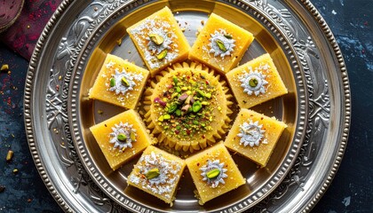 Middle Eastern Semolina Cake Baklava With Pistachios And Coconut Flakes Served On Ornate Silver Platter Detailed Close Up Studio Shot