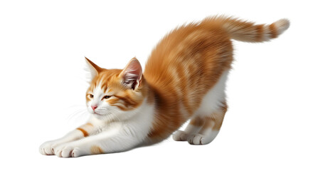 Action Shot of Stretching Orange and White Kitten, Isolated on White Background, Animal Photography, Studio Environment, Side View, Realistic PNG Concept