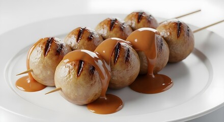 Engaging and detailed, describing the cooking method, the food item, and the sauce. "Appetizing Grilled Bakso Meatball Skewers with Drizzled Peanut Sauce" clearly sets the scene