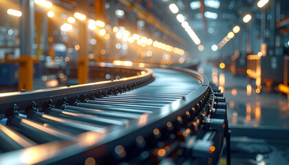 Conveyor Belt: An image of a sleek conveyor belt snakes through a large, industrial facility, capturing the essence of streamlined production, the glow of light adding a futuristic feel.