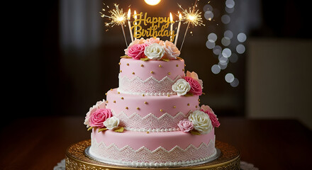 wedding cake with candles and flowers