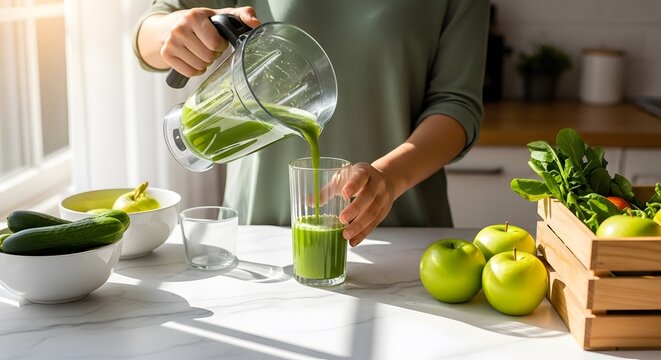 Woman pouring fresh green juice from a blender into a glass, healthy lifestyle concept. - Powered by Adobe