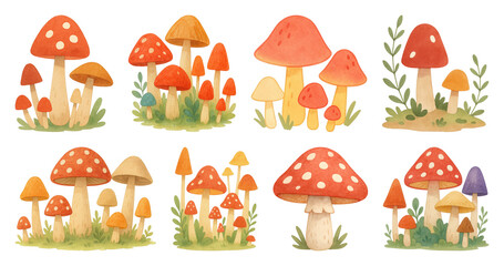 Obraz premium PNG Whimsical colorful mushroom illustrations, element set on transparent background