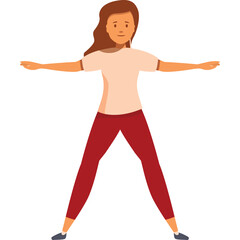 Woman In Red Pants And Light Pink Shirt Performing A Wide Legged Pose With Arms Extended Out To The Sides And A White Background