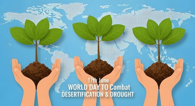 Hands holding small plants with soil on a world map background, celebrating world day to combat desertification and drought on june 17th, symbolizing growth and environmental care - Powered by Adobe