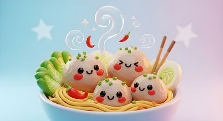 Engaging and specific. "Adorable 3D Render of Kawaii Bakso Meatball Noodles in a Bowl" clearly states the visual style (3D Render), the aesthetic (Adorable, Kawaii), and the content (Bakso Meatball N