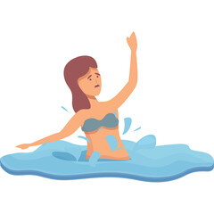 Woman in Bikini Struggling in Water Waves with Arm Raised in Distress Cartoon Style Illustration