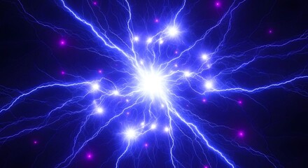 Abstract visualization of a bright, energetic explosion of blue lightning and glowing particles against a dark background, representing power and energy