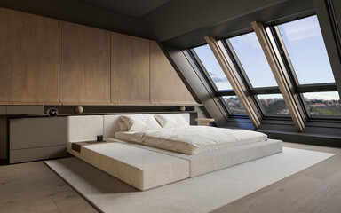 Elegante dormitorio con cama grande confortable y detalles en madera, 3d render