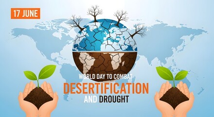 World day to combat desertification and drought on june 17, illustrating the impact of dry land and hands planting saplings, with a cracked earth globe
