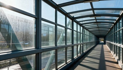 Medium shot of a covered pedestrian overpass with glass walls emphasizing weather protection and clear visibility for safe transit