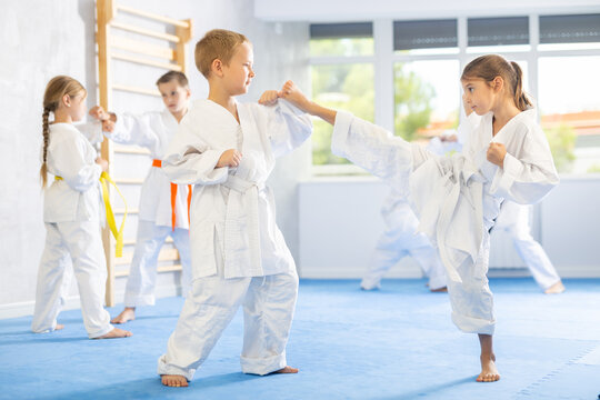 Young children partners pupils are trained to perform defensive karate installations and attacking actions for combat techniques classes. Work on yourself, increase endurance, determination, courage