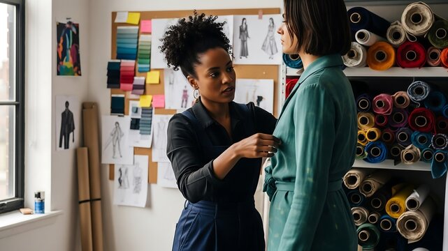 Ethical Atelier Tailoring: A fashion designer fits a garment on a client in a sustainable studio filled with colorful fabrics and design sketches.