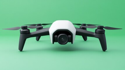 Modern white and black camera drone quadcopter, front view, on a bright green studio background for technology and innovation concepts.