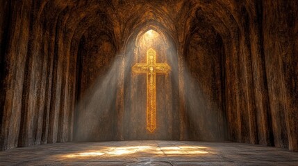 Luminous Golden Cross in Ancient Stone Vaulted Chamber with Divine Light Rays