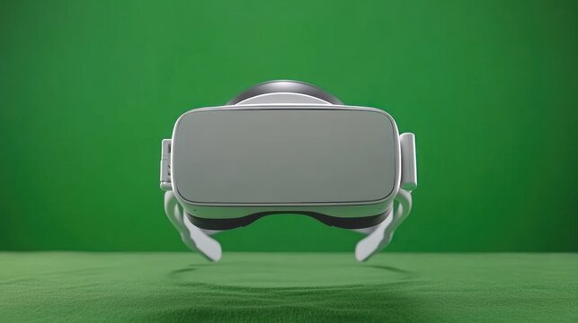 White virtual reality (VR) headset against a vibrant green screen background, perfect for chroma key compositing.
