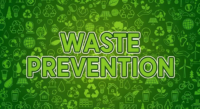 Waste prevention concept with green icons on a dark green background representing recycling, sustainability, and ecofriendly practices