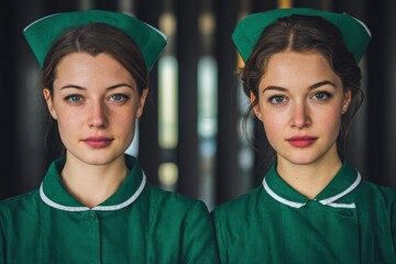 Portrait of two young women in vintage-style green nurse uniforms with hats &ndash; healthcare concept fashion photo