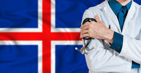 Fototapeta premium Doctor with stethoscope on Iceland flag. Doctor holding stethoscope on Iceland flag