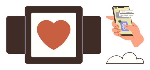 Smartphone displaying secure code for payment or donation, red heart on a display, cloud element. Ideal for finance, charity, security, technology, love, online services simple flat metaphor