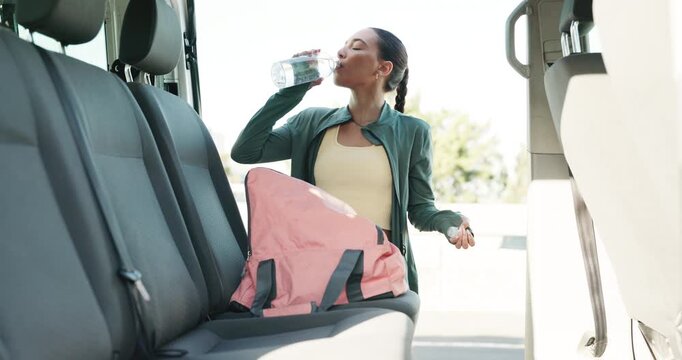 Fitness, woman and drink water for health by car, nutrition and recovery on break. Hydration, runner and person with bottle by city vehicle for wellness, electrolytes and bag in transport outdoor