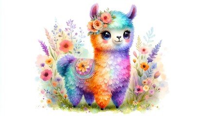 absolutely enchanting watercolour illustration of an adorable cartoon alpaca or llama