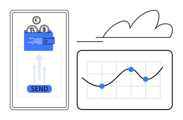 Mobile wallet with cryptocurrency symbols and send button beside graph showing data analytics and growth. Ideal for fintech, blockchain, money transfer, financial tracking, mobile banking