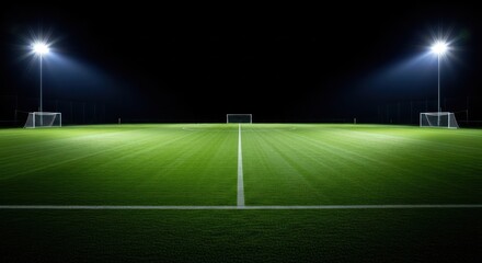 Fototapeta premium A nighttime view of a soccer field illuminated by stadium lights, ready for play.