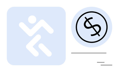 Abstract running figure next to a dollar sign. Ideal for finance, growth, motivation, business, goals, career, economy themes. Minimal outline design for simple flat metaphor