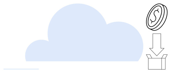 Cloud with monetary coin and download arrow directed at a box. Ideal for savings, investment, cloud technology, budgeting, financial planning, online storage, digital economy. Simple flat metaphor