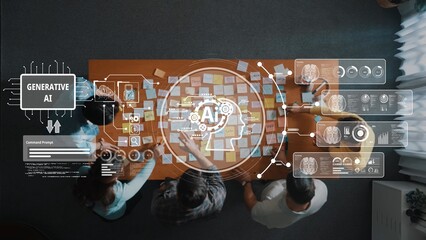 Aerial view of a diverse team engaged in a generative AI project, using post-it notes and digital interfaces to foster creative collaboration and innovation. Raster