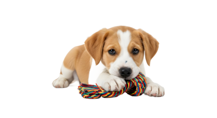 Puppy Playing with Chew Toy, Isolated on White, Realistic PNG Animal Photo, Transparent Background Concept