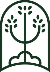 Dark green stylized tree with oval leaves inside arch graphic icon vector