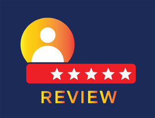 Graphic of user icon with five white stars and review text rating feedback vector