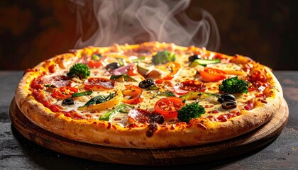 Delicious Steaming Pizza Topped With Fresh Vegetables And Salami On A Wooden Board With A Dark Textured Background