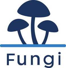 Three dark blue stylized mushrooms on a blue line with the word Fungi nature food