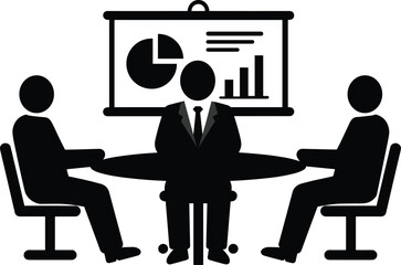 Three black silhouettes of people in a meeting around a table with a presentation screen business discussion