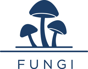 Three stylized dark blue mushrooms with the word Fungi below nature food