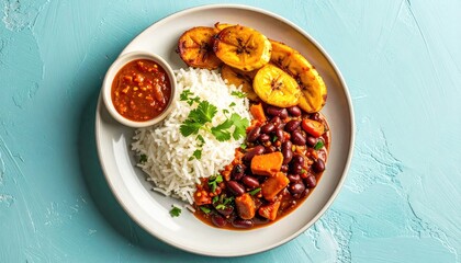 Georgian Kidney Bean Stew Lobio Served With Rice Fried Plantains and Chili Sauce Top Down View Daylight Close Up