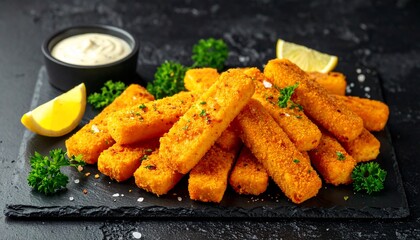 Crispy fried fish sticks with lemon and dipping sauce presented on a black surface