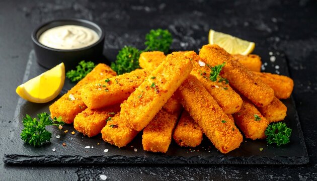Crispy fried fish sticks with lemon and dipping sauce presented on a black surface