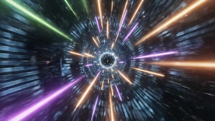 Hyperspace travel simulation with vibrant purple, pink, orange, and green light beams accelerating through a dark, futuristic tunnel with a digitally rendered cityscape. - Powered by Adobe