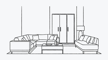 Fototapeta premium Modern Living Room Interior Sketch with Sofa Chaise and Closet
