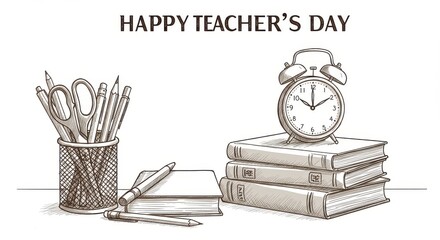 Hand drawn illustration celebrates the recognition of educators with school supplies and a clock