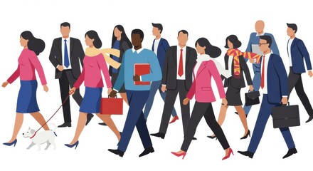 Obraz premium Diverse group of professionals and individuals walking together in a forward motion illustration