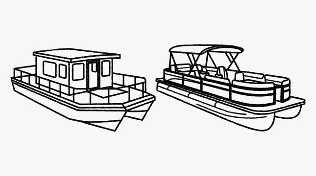 Outlined drawings of two different pontoon boats in black and white