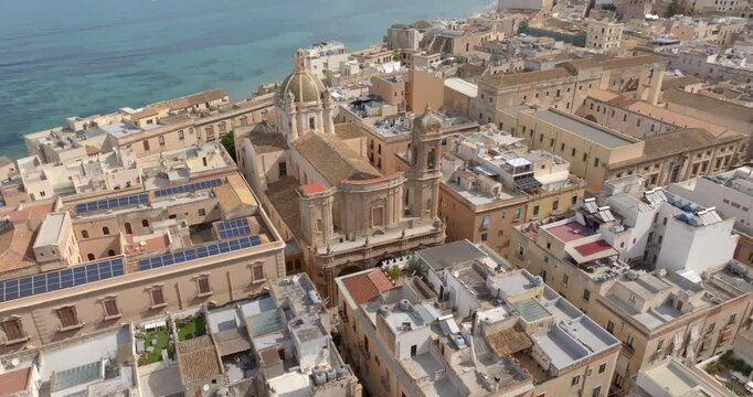 Aerial view of Trapani Cathedral, otherwise the Basilica of St. Lawrence the Martyr. It is a church of the Roman Catholic Diocese located in the historic center of Trapani, Sicily, Italy.