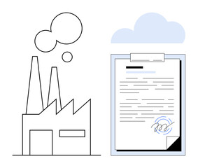 Factory and smoke illustrating industry, alongside a signed document. Ideal for compliance, industry, environment, regulation, agreement, documentation sustainability. Clean flat metaphor
