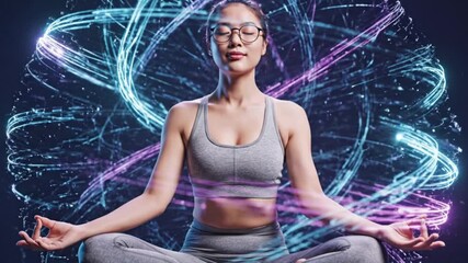 A person sitting cross-legged in a peaceful yoga pose, surrounded by glowing abstract digital lines - Powered by Adobe